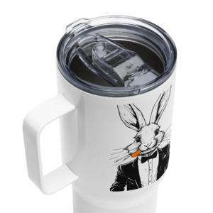 Rabbit eating a carrot [Travel mug with a handle]